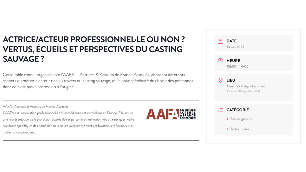 FESTIVAL PARIS COURT DEVANT - TABLE RONDE AAFA - Discussions autour du casting "Sauvage" dans le Cinéma Français